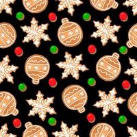 Seamless pattern with ginger cookies on a black background. Gingerbread New Year's ball, snowflake vector