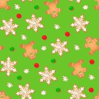 Seamless pattern with ginger cookies on a green background. Gingerbread man, snowflake vector