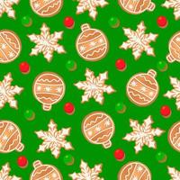 Seamless pattern with ginger cookies on a green background. Gingerbread New Year's ball, snowflake vector