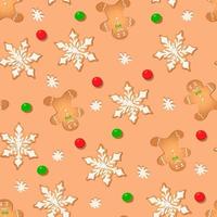 Seamless pattern with ginger cookies on a brown background. Gingerbread man, snowflake vector