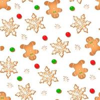 Seamless pattern with ginger cookies on a white background. Gingerbread man, snowflake vector