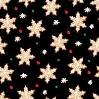 Seamless pattern with ginger cookies on a black background. Gingerbread snowflake vector