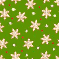 Seamless pattern with ginger cookies on a green background. Gingerbread snowflake, vector