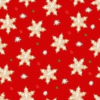 Seamless pattern with ginger cookies on a red background. Gingerbread snowflake, vector