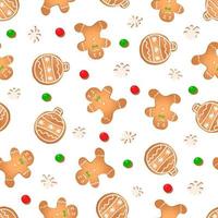 Seamless pattern with ginger cookies on a white background. Gingerbread man, New Year's ball, snowflake vector