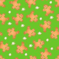 Seamless pattern with ginger cookies on a green background. Gingerbread man, vector