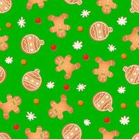 Seamless pattern with ginger cookies on a green background. Gingerbread man, New Year's ball, snowflake vector