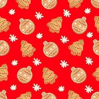 patrón impecable con galletas de jengibre sobre un fondo rojo. pan de jengibre, árbol de navidad, bola de navidad vector