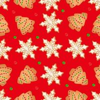 Seamless pattern with ginger cookies on a red background. Gingerbread tree, snowflake vector