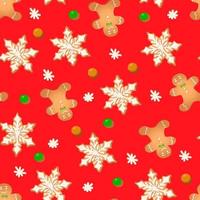 Seamless pattern with ginger cookies on a red background. Gingerbread man, snowflake vector