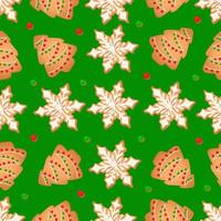 Seamless pattern with ginger cookies on a green background. Gingerbread tree, snowflake vector