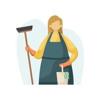 Vector illustration of a cleaning lady with a mop and a bucket with a rag. Profession. Flat style