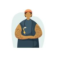 Vector illustration of a tattoo artist in a hipster outfit and a tattoo gun. Profession. Flat style