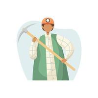 Vector illustration of a miner in a helmet with a pickaxe. Profession. Flat style