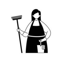 Vector illustration of a cleaning lady with a mop and a bucket with a rag. Profession. Outline