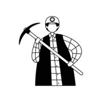 Vector illustration of a miner in a helmet with a pickaxe. Profession. Outline