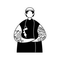 Vector illustration of a tattoo artist in a hipster outfit and a tattoo gun. Profession. Outline