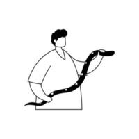 Vector illustration of a serpentologist with a snake in his hands. Profession. Outline
