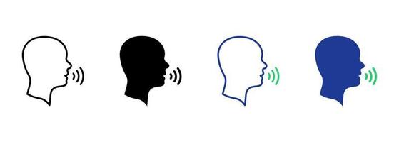 Man Talk Silhouette and Line Icon. Voice Command with Sound Waves. Person Conversation Speech Icon. Man Talk Control and Voice Recognition. Editable Stroke. Isolated Vector Illustration.