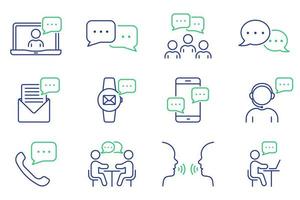 Online Text Message in Chat, Interview Talk Line Icon Set. Community People Talk on Video Conference Outline Icon. Person Communication Linear Pictogram. Editable Stroke. Isolated Vector Illustration.