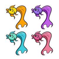 Set of colored icons, Cute aquarium fish with a big tail, vector cartoon illustration on a white background