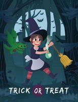 halloween background with witch girl in the forest at night vector