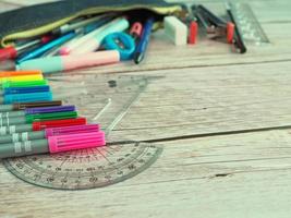 Stationary for office work Placed on a white wooden floor. photo