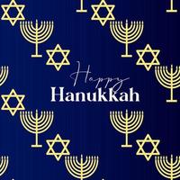 Happy Hanukkah card design with gold symbols on blue color background for Hanukkah Jewish holiday vector