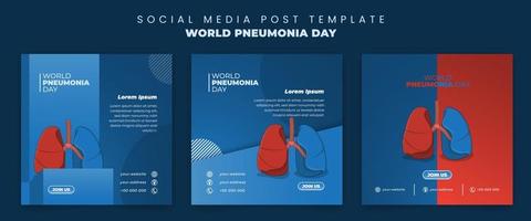 conjunto de plantillas de publicación en redes sociales con pulmón en color rojo y azul para el diseño del día mundial de la neumonía vector