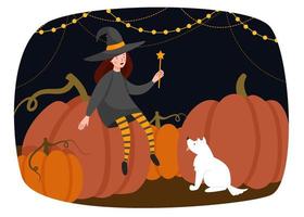 Halloween scene. A girl dressed as a witch sits on a large pumpkin and plays with dog. vector