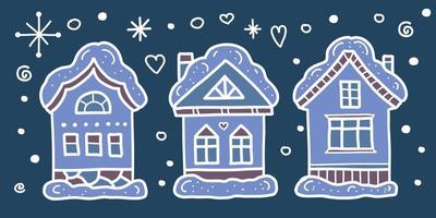 Winter landscape with country houses and snowflakes. Cartoon buildings. Snowy Christmas night. Vector clipart.