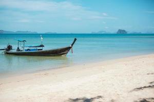 longtail boat on Tubkaak beach ready to Hong island, Krabi, Thailand. landmark, destination Southeast Asia Travel, vacation and holiday concept photo