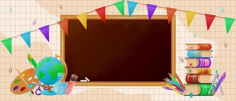 School banner with place for text, stationery and books. Vector illustration.