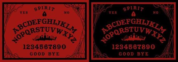 Halloween Ouija Board on wooden texture. Planchette play with calling souls and demons. Party poster. Graphic, caligraphy, typography, alphabet, letters, numbers and web. Cementery skyline. vector