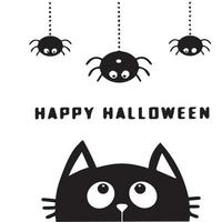 Simple design of a Halloween wish accompanied by a cat and a few spiders. This design is made entirely in black color vector