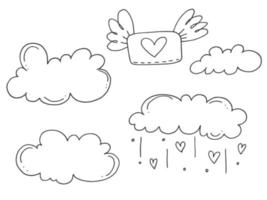 Set of cute hand-drawn doodle elements about love. Message stickers for apps. Icons for Valentines Day, romantic events and wedding. A love letter in an envelope with a heart in the sky with clouds. vector