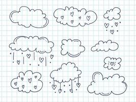 Set of cute hand-drawn doodle elements about love. Message stickers for apps. Icons for Valentines Day, romantic events and wedding. A checkered notebook. Clouds and rain from hearts. vector