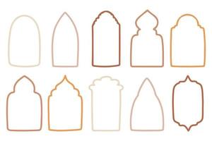 Collection of islamic windows and arches in oriental style with modern boho design, moon, mosque dome and lanterns. Vector illustration.