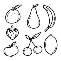 Fruit set. Doodle style. Collection of fruits apple, banana, pear, cherry, strawberry, lemon. Vector illustration. Drawn fruits.