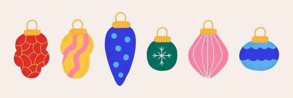 año nuevo poner bolas de árbol de navidad en estilo dibujado a mano con adorno. iconos aislados, pegatinas, elementos para el diseño de folletos, postales, carteles, invitaciones. vector