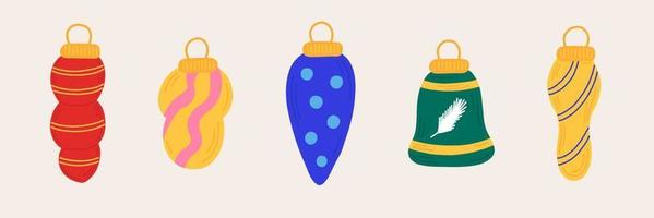 año nuevo poner bolas de árbol de navidad en estilo dibujado a mano con adorno. iconos aislados, pegatinas, elementos para el diseño de folletos, postales, carteles, invitaciones. vector