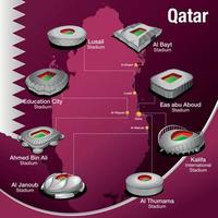 dibujo de los estadios construidos en qatar para el campeonato de futbol en el mapa de qatar con los colores de la bandera vector