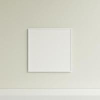 Clean and minimalist front view square white photo or poster frame mockup hanging on the wall. 3d rendering.