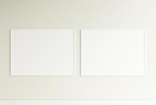 Clean and minimalist front view horizontal white photo or poster frame mockup hanging on the wall. 3d rendering.