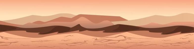 Sandy landscape of Mars. Futuristic yellow Martian desert gray orange sand dunes with rock interplanetary travel colonization uninhabitable surface with mandatory vector terrorism deep soil craters.