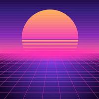 Retro futuristic background vaporwave. Neon geometric synthwave grid, light space with setting sun abstract cyberpunk design purple 80s disco fantastic vector graphic glow.