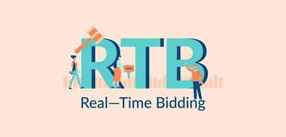ilustración de ofertas en tiempo real de rtb. venta de publicidad en el mercado financiero negocios corporativos exitosos con anunciantes de marketing promoción de fondos a su debido tiempo. vector
