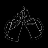 Clinking beer glasses with foam splash Line drawing on black background vector illustration.Two toasting beer mugs, Cheers.Minimalist art design