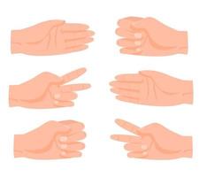 Cartoon human hand rock, scissors, paper game gestures set vector graphic illustration. Collection of arm and fingers playful competition gesturing isolated on white background
