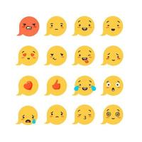 Emoticon cartoon set. Emotions characters red like with heart joyful and sad faces expression of success and yellow surprise vector crying.